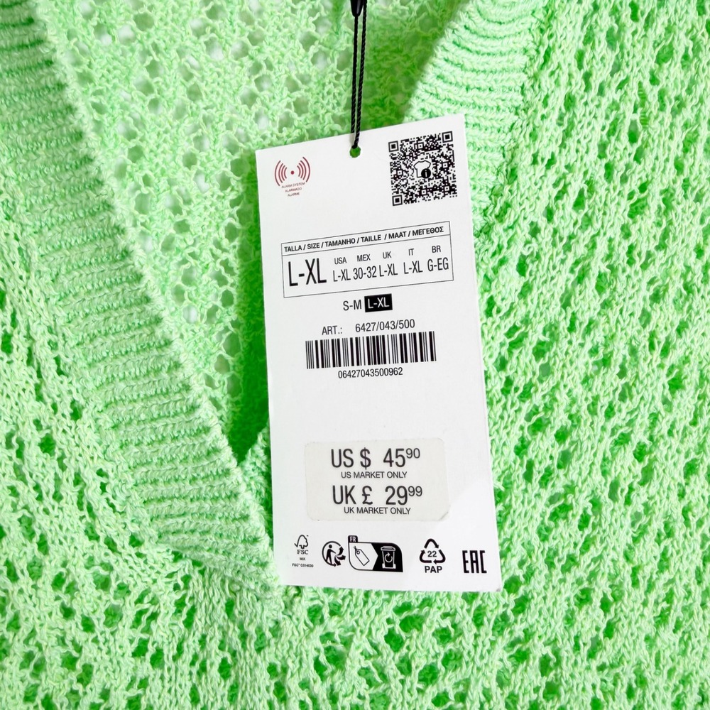 Zara Knit Pointelle Knit Oversized Polo Women L-XL Green Crochet Short Sleeve - Picture 3 of 5